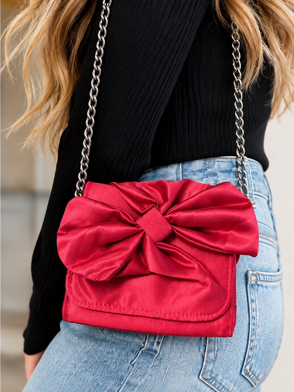 White House Black Market Red Satin Bow Shoulder Bag